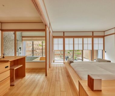 Bright tatami area with twin beds, shoji screens and balcony view at Azumi Setoda, Hiroshima Japan