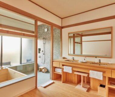 In-room wooden bathtub and double vanity at Azumi Setoda, Chūgoku Hiroshima Japan