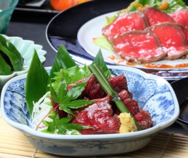 Assorted sashimi and side dishes served at Baigetsu Ryokan in Nagano, Chūbu, Japan