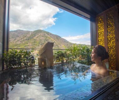 Person soaking in an indoor onsen bath overlooking Hakone mountains through a large open window