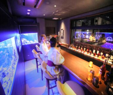 Guests in yukata seated at illuminated bar with aquarium tanks and bottles inside Balinese onsen ryokan Hakone Airu, Kanagawa