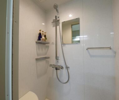 Compact tiled shower with handheld showerhead, shelving and towel bar in ryokan bathroom at Bekkan Yosanoso Kyoto
