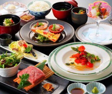 Assorted multi-dish Japanese dinner served at Beppu Fuga in Ōita, Kyūshū