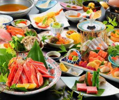 Crab and sashimi spread at BeppuOnsen Hotel Sansenkaku, Ōita, Kyūshū, Japan