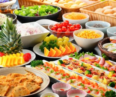 Assorted breakfast buffet with fresh fruit, salads and breads at BeppuOnsen Hotel Sansenkaku in Ōita