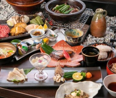 Assorted small Japanese dishes and ceramic bowls at Bettei Fujiya in Hiroshima, Chūgoku, Japan