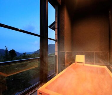 Interior wooden onsen bath overlooking mountains, Bettei Koyoi Adult Only Kanagawa