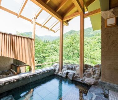 Covered stone onsen bath with wooden roof and mountain views at Bettei Senjyuan, Gunma