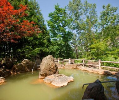 Rock-lined outdoor onsen surrounded by trees at Biei Shirogane Onsen AONOBI YUYU in Hokkaidō
