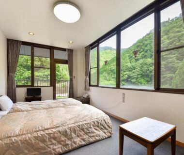 Room with two beds, large windows and green mountain view at Bijintei in Wakayama