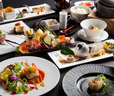 Assorted traditional Japanese dishes arranged on table at Bourou NOGUCHI Noboribetsu Hokkaidō