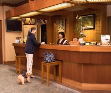 Guest checking in at ryokan reception with staff and small dog in Bousenkaku, Niigata, Chūbu