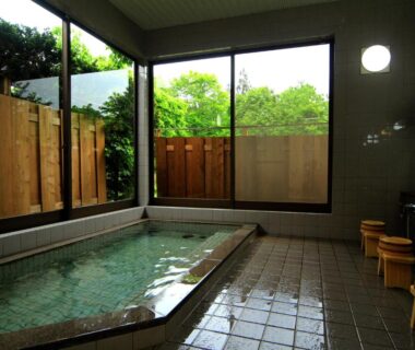 Tiled indoor onsen bath with wooden washing stools and large windows overlooking fenced greenery at Bunanoyado Koase Niigata