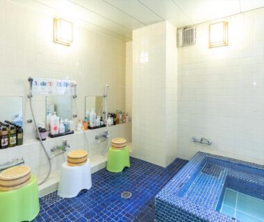 Tiled indoor communal bath with stools, wash stations and small soaking tub at Business Ryokan Akashiya Annex, Hyōgo
