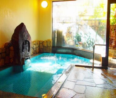 Indoor hot spring bath with tiled pool and garden view at Central Hotel 中央ホテル in Nagano