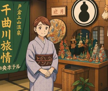 Woman in kimono at Central Hotel reception with wooden decor, Nagano, Chūbu, Japan