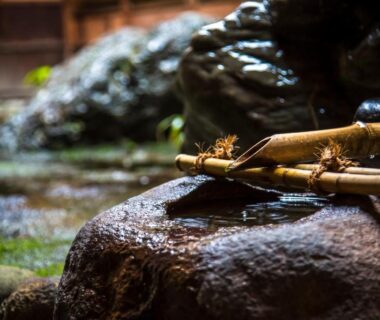 Bamboo water spout over stone basin with moss at Charoku Bekkan in Kyoto