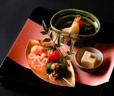 Assorted appetizer tray with shrimp and tofu at Charoku Bekkan ryokan in Kyoto