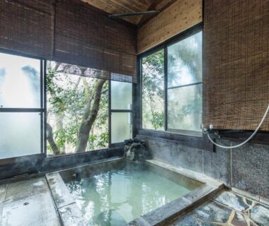 Wood and stone indoor bath with windows overlooking trees at Chojuyu Hakone Kanagawa