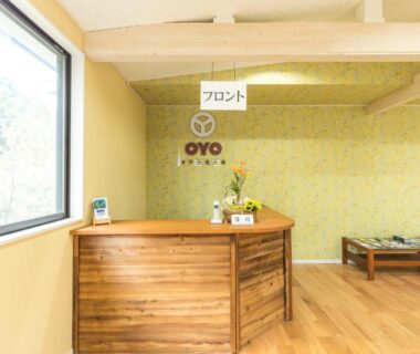Reception area with wooden counter, low seating, large window and subtle green wallpaper at Chojuyu Hakone, Kanagawa