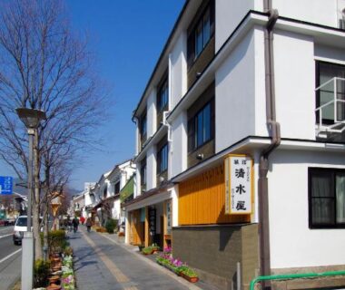 Three-story ryokan exterior along a narrow pedestrian street with traditional signboard and clear blue sky in Nagano