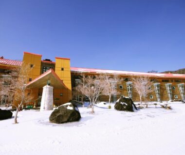 Snow-covered hotel facade with boulders and birch trees at Chuzenji Kanaya Hotel in Tochigi