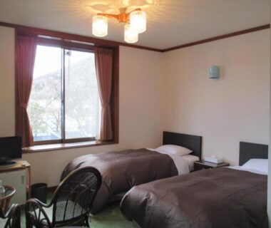 Bright twin room with two single beds, window, small TV, wicker chairs and soft lighting at Chuzenji Pension Tochigi