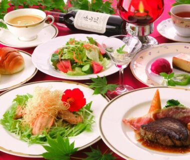 Western-style multi-course dinner with steak, salad and wine at Chuzenji Pension in Tochigi