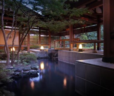 Covered wooden onsen bath with garden courtyard, Club Wyndham Chikumakan Nagano, Chūbu Japan