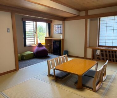 Tatami room with low table and window seating at Club Wyndham Shirakabaso Shigakogen, Nagano, Chūbu