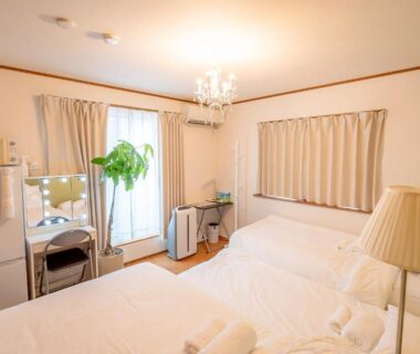 Twin beds, chandelier, potted plant, fridge and desk at DP小山町Machida, Kantō Tokyo Japan