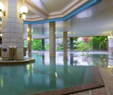 Spacious indoor onsen bath with tiled columns and garden view at Dai-ichi Takimotokan Hokkaidō