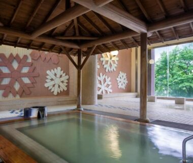 Indoor bath with wooden beams and mosaic snowflake motifs at Dai-ichi Takimotokan, Hokkaidō