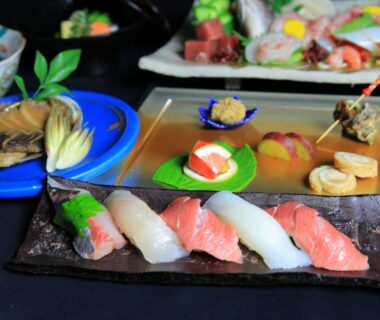 Assorted nigiri sushi and appetizers served at Daitokuji Sushicho, Kyoto ryokan dining