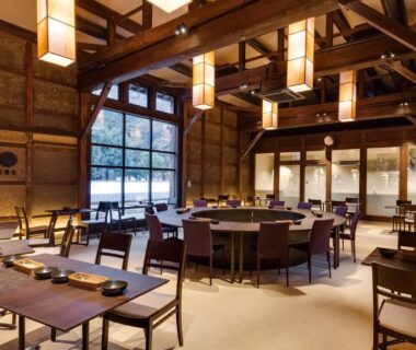 Warm wooden dining hall at EN Takeda Castle Town Hotel in Hyōgo, Kansai