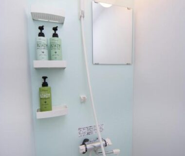 Compact shower area with hand shower, mirror and wall shelves with toiletries at Ebisu Ryokan Kyoto