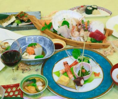 Assorted traditional Japanese dinner dishes arranged on a table at Eboshiso, Iwate