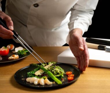 Chef arranging vegetables and seafood for Eirakukan dining in Fukushima Tohoku