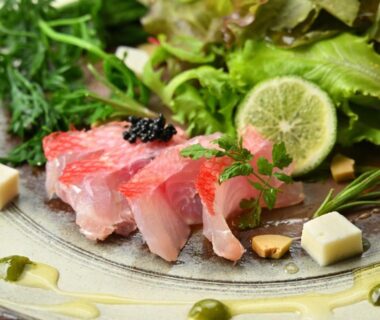 Fresh sashimi with citrus and greens on ceramic plate at Eirakukan in Fukushima, Tōhoku