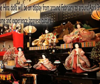 Tiered hina festival dolls with lanterns on interior display at Ena Totaro, Gifu
