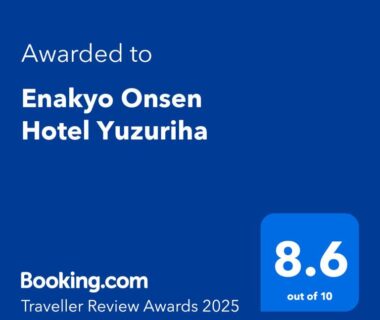Blue Booking.com award graphic showing 8.6 rating for Enakyo Onsen Hotel Yuzuriha in Gifu