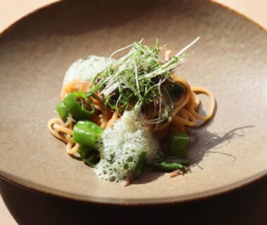 Plated noodle dish with foam, microgreens, and green peppers on ceramic bowl at Exclamation Hotel Hokkaidō
