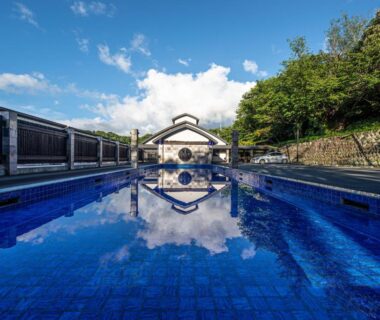 Outdoor reflecting pool with blue tiled basin and guesthouse facade at Fugaku Gunjo in Shizuoka