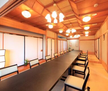 Long tatami dining room with low table and chairs at Fuji Green Hotel, Shizuoka, Chūbu