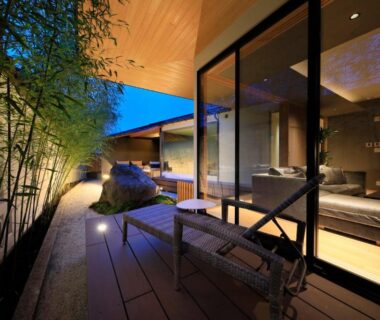 Wooden deck and seating with bamboo at Fuji Onsenji Yumedono, Yamanashi, Chūbu