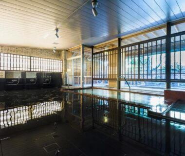 Indoor communal onsen with washing stations at Fuji View Hotel in Yamanashi