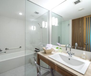 Bathtub and vanity with glass shower partition in Fujiiso ryokan bathroom, Nagano, Chūbu