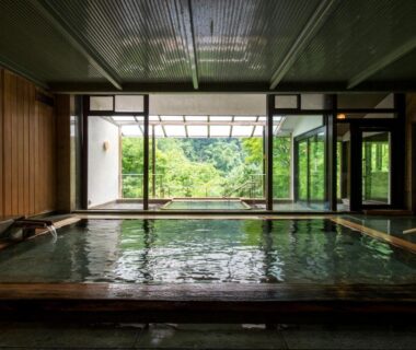 Wood-lined indoor onsen bath opening to lush garden at Fujiiso ryokan Nagano