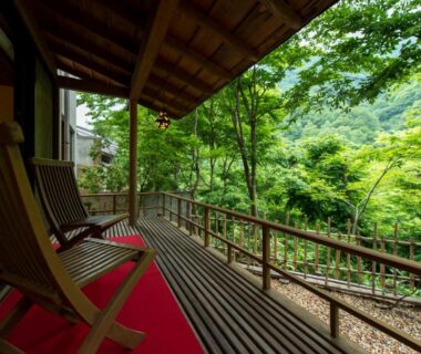 Wooden veranda with chairs and red runner overlooking lush forest at Fujiiso in Nagano