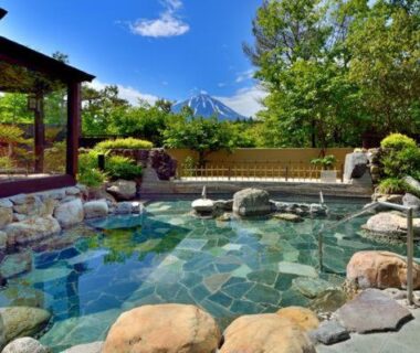 Stone outdoor onsen with mountain backdrop at Fujimien in Yamanashi